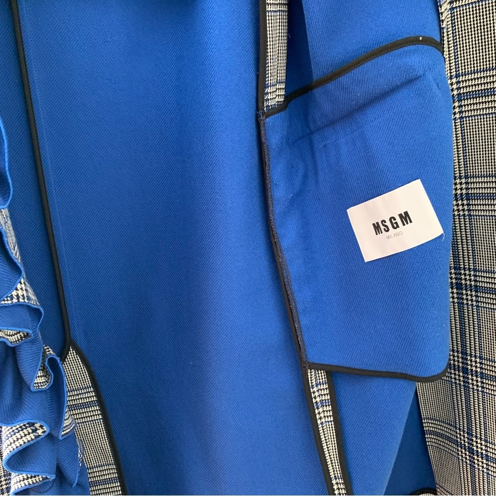 MSGM Glen Plaid Blue Ruffle Wool Blend Double Breasted Coat IT 42 - Picture 8 of 14